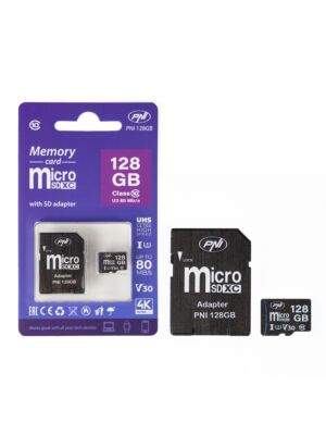 Karta pamięci MicroSD PNI 128 GB z adapterem SD, klasa 10, 80 Mb/s, V30